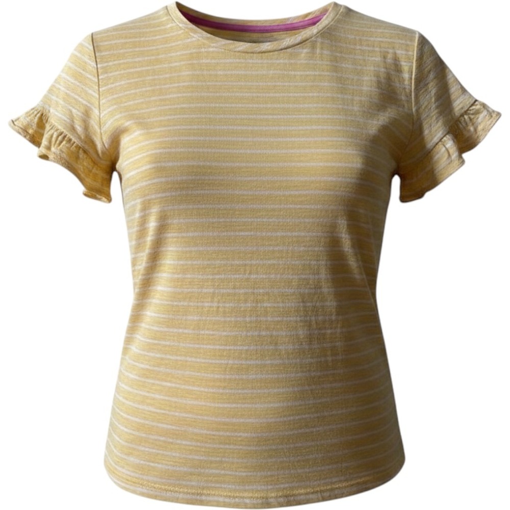 St Johns Bay Yellow White Striped Ruffle Sleeve Cotton T-Shirt Small NEW